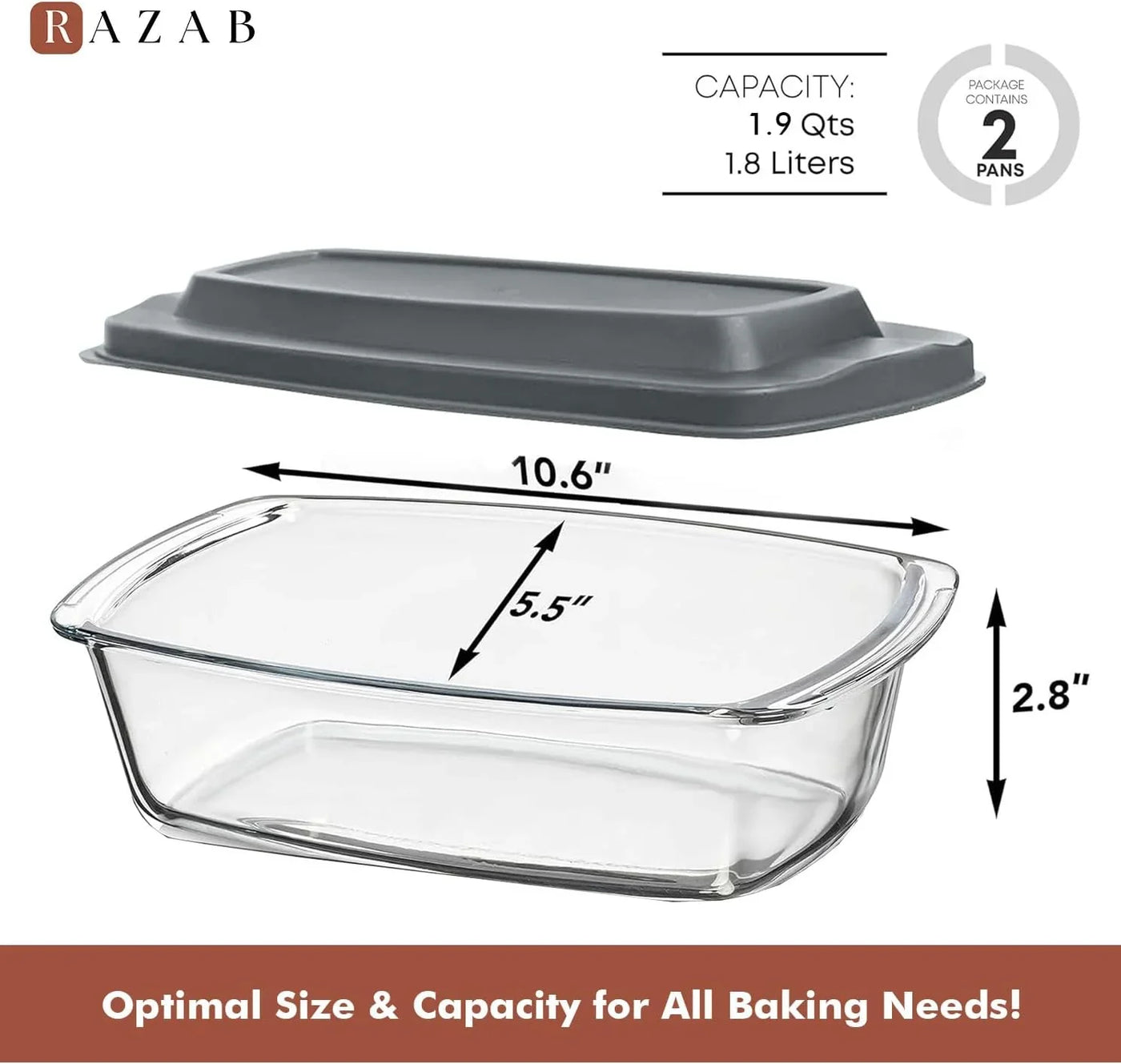 LARGE 7.6 Cups/1800 ML/1.9 Qt Glass Loaf Pan with Lids (Set of 2) - Meatloaf Pan BPA Free Airtight Lids Grip Handle Easy Carry, Microwave and Oven Safe - Loaf Pans for Baking Bread, Cakes