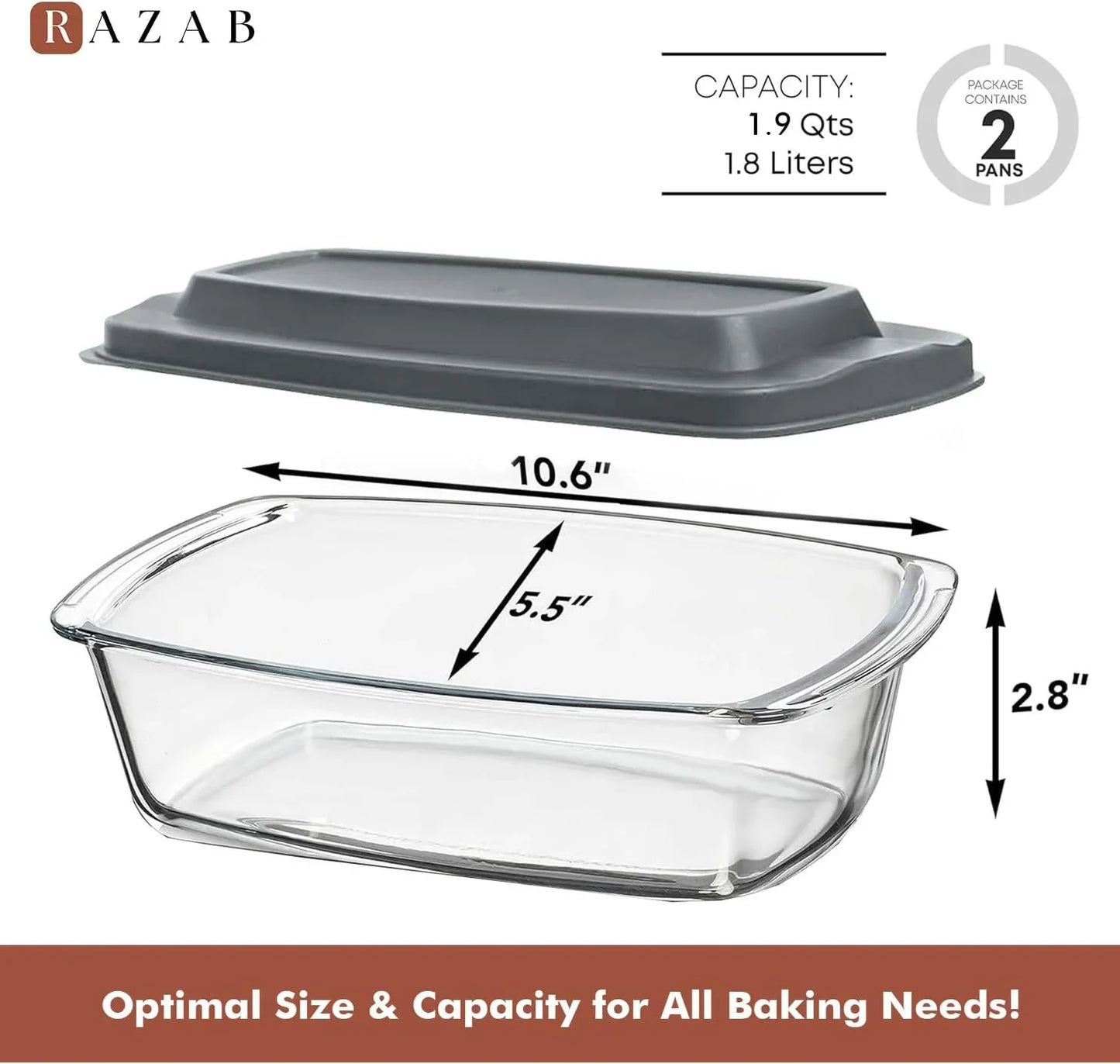 LARGE 7.6 Cups/1800 ML/1.9 Qt Glass Loaf Pan with Lids (Set of 2) - Meatloaf Pan BPA Free Airtight Lids Grip Handle Easy Carry, Microwave and Oven Safe - Loaf Pans for Baking Bread, Cakes