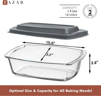 LARGE 7.6 Cups/1800 ML/1.9 Qt Glass Loaf Pan with Lids (Set of 2) - Meatloaf Pan BPA Free Airtight Lids Grip Handle Easy Carry, Microwave and Oven Safe - Loaf Pans for Baking Bread, Cakes
