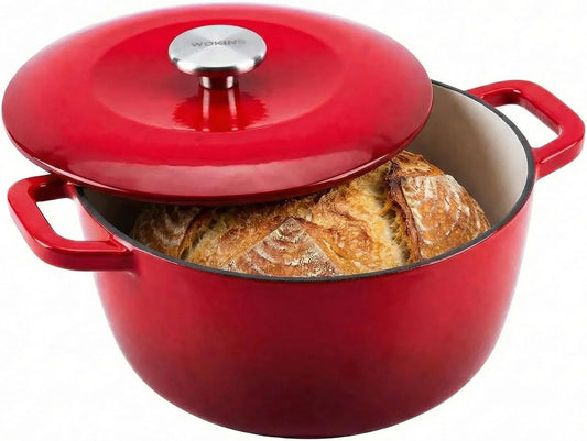 5QT Enamel Cast Iron Dutch Oven with Lid,Dual Handles,Versatile Heavy-Duty Non-Toxic Cookware for Sourdough Bread Baking,Braising,Stews,Roasting,Oven Safe up to 500°F Red
