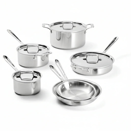 Stainless steel cookware set with pots, pans, and lids for everyday kitchen use