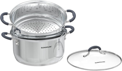 - 3.1 Quart Steamer Pots with Lid 2-Tier Multipurpose Stainless Steel Steaming Pot Cookware with Handle for Vegetable, Dumpling, Sauce, Food - Triple Bottom, Measurement Line