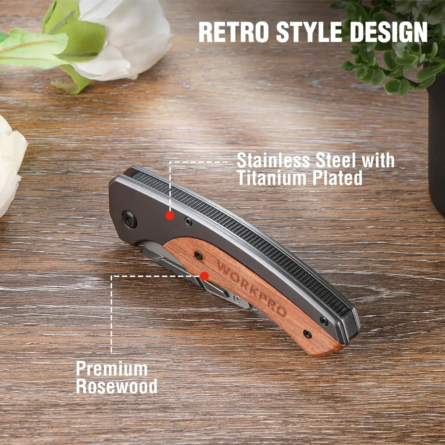 Folding Utility Knife, Quick-Change Box Cutter with Stainless Steel Head & Liner Lock, Wood Handle Razor Knife and Extra 10PC SK5 Blades