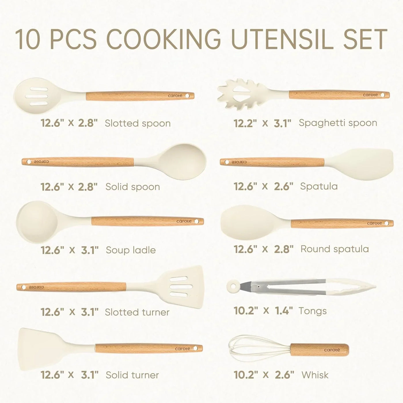 Silicone Cooking Utensils Set, Kitchen Utensils Set 10 Pcs for Cooking, BPA Free Spatula Set with Heat Resistant Wood Handles for Nonstick Cookware (Cream White)