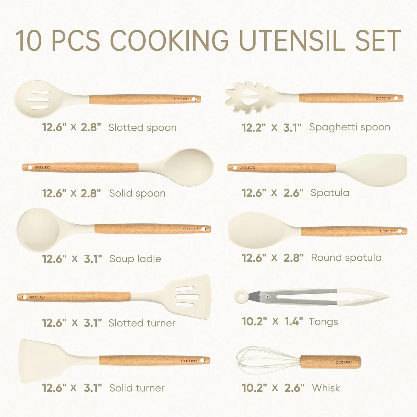 Silicone Cooking Utensils Set, Kitchen Utensils Set 10 Pcs for Cooking, BPA Free Spatula Set with Heat Resistant Wood Handles for Nonstick Cookware (Cream White)