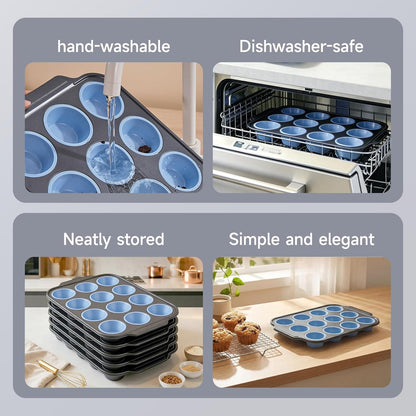 Silicone Muffin Pan for Baking,No-Spill Easy-Transfer Design,Reinforced Steel Frame, Non-Stick & Dishwasher Safe,12-Cup Regular Size Muffin & Cupcake Pan Bakeware for Oven (Blue 2Pcs)