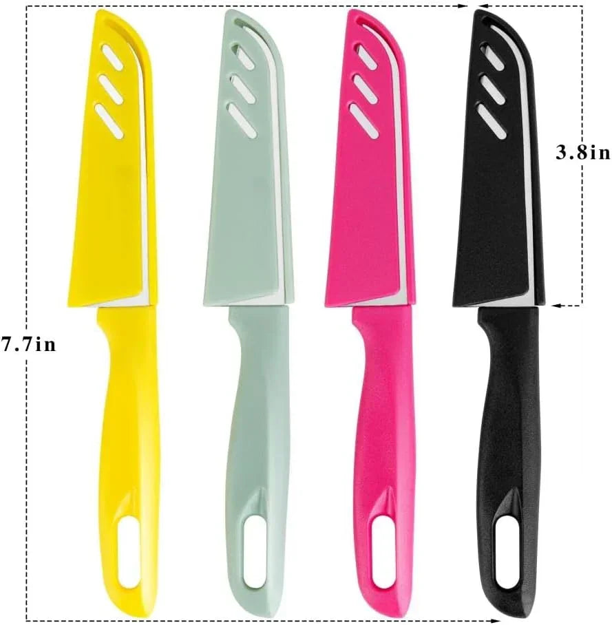 Colorful kitchen knives with protective sheaths in yellow, mint, pink, black — 7.7in length, 3.8in blade