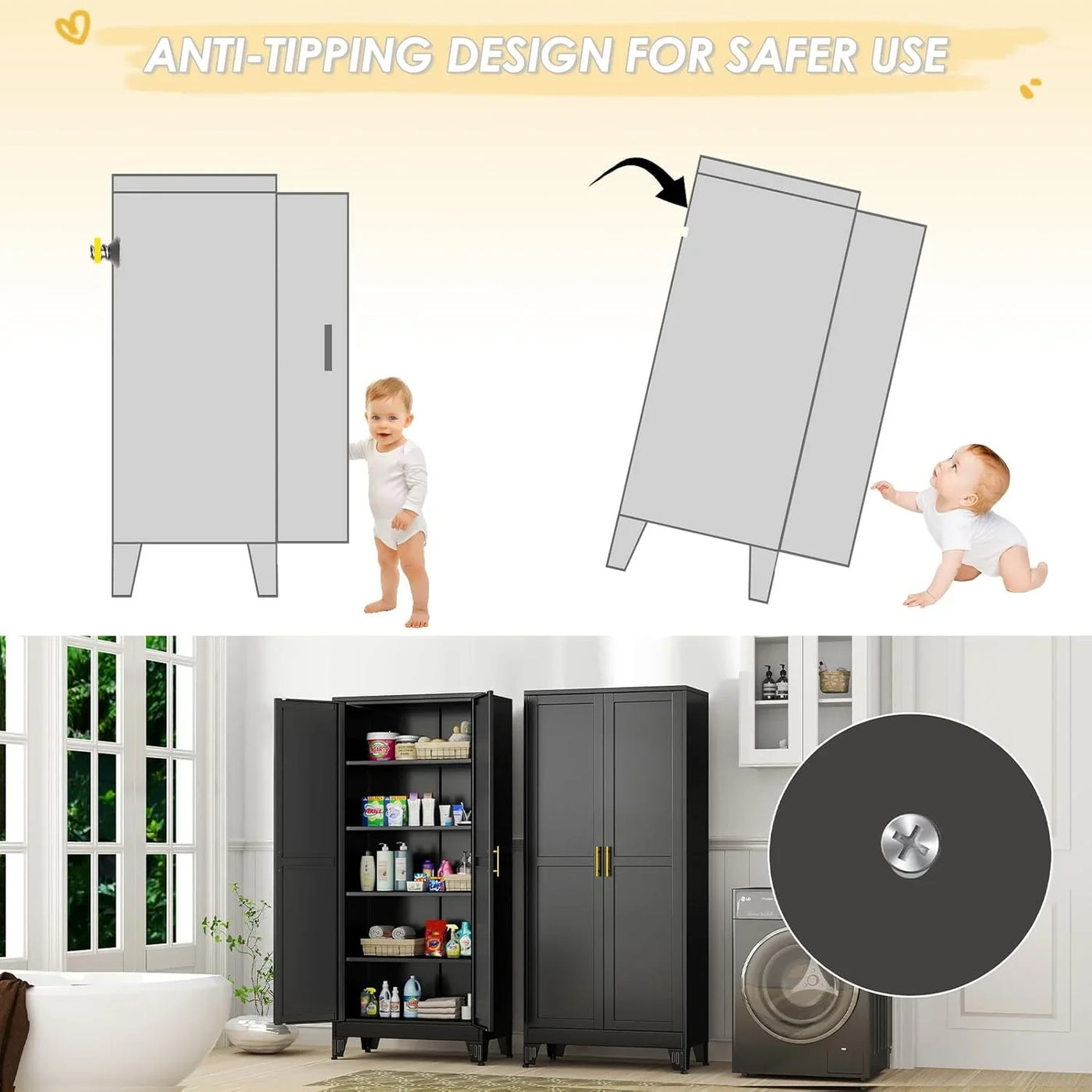 71" Tall Metal Storage Cabinet with 2 Doors and 4 Adjustable Shelves, Kitchen Pantry Cabinet Black Freestanding Cupboard, 5 Tier Multifunctional Steel Storage for Office, Kitchen, Dining Room