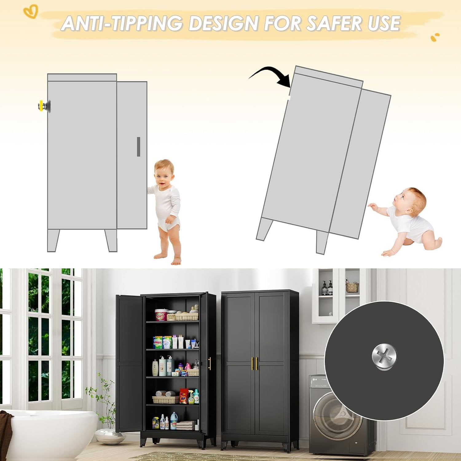 71" Tall Metal Storage Cabinet with 2 Doors and 4 Adjustable Shelves, Kitchen Pantry Cabinet Black Freestanding Cupboard, 5 Tier Multifunctional Steel Storage for Office, Kitchen, Dining Room