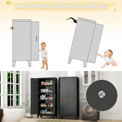 71" Tall Metal Storage Cabinet with 2 Doors and 4 Adjustable Shelves, Kitchen Pantry Cabinet Black Freestanding Cupboard, 5 Tier Multifunctional Steel Storage for Office, Kitchen, Dining Room