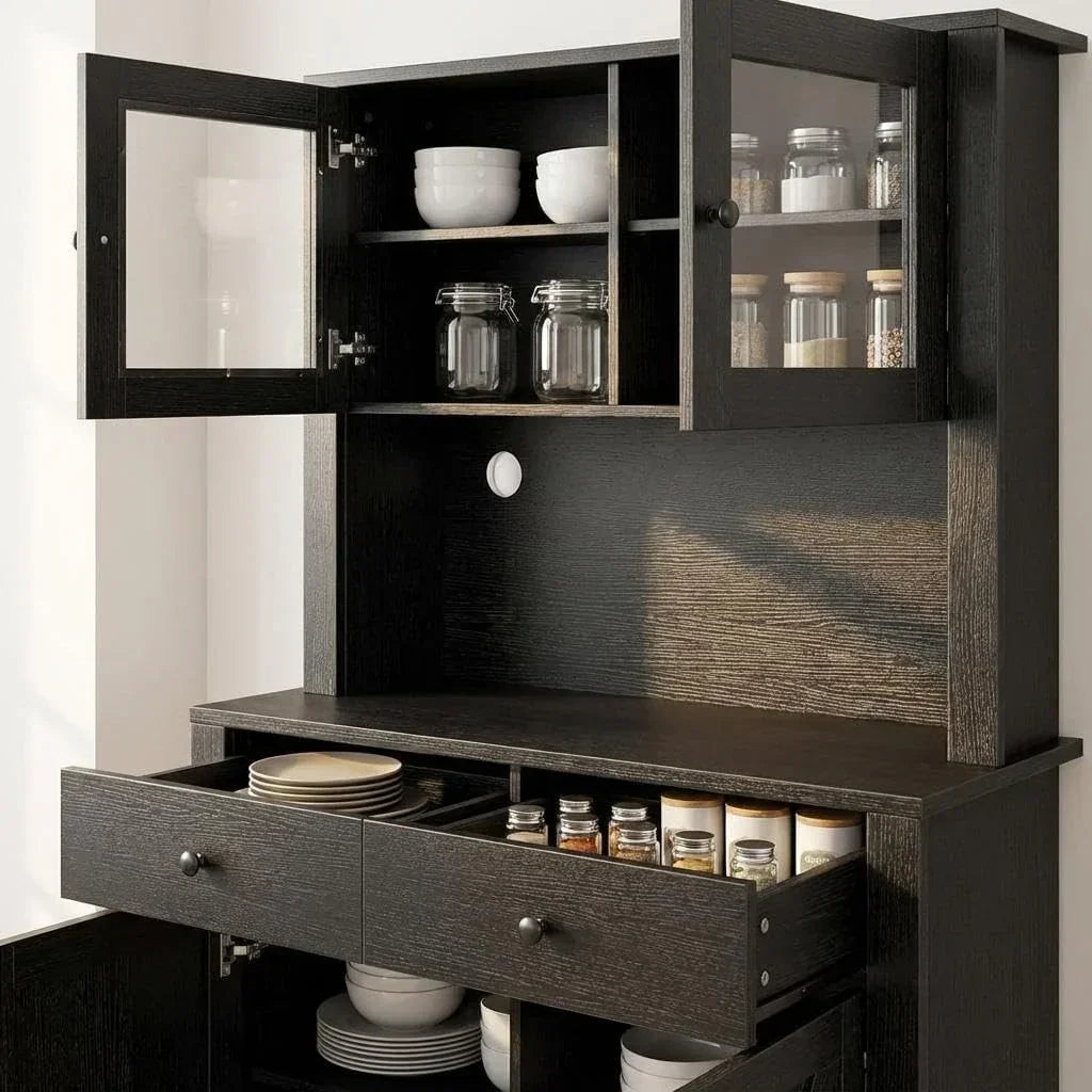 Black kitchen hutch with glass doors, open drawers storing plates and spice jars, smart storage for cookware and bakeware