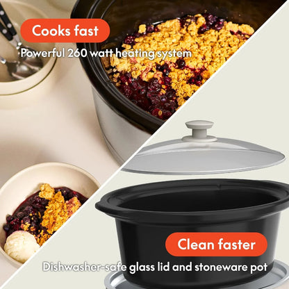 6.0 Qt Manual Slow Cooker, Ceramic Nonstick Coating, 3 Temperature Settings, Dishwasher Safe Stoneware Pot and Tempered Glass Lid, Cool Touch Handles & Tangle Free Cord Wrap, Oatmilk