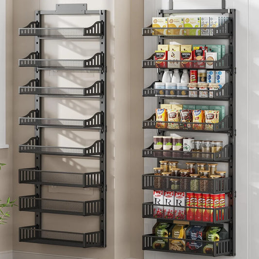 8-Tier over the Door Pantry Organizer, Large Metal Door Spice Rack with Adjustable Basket, 2 in 1 Wall Mount or Hanging Heavy-Duty Pantry Door Storage Shelf for Kitchen and Bathroom, Black