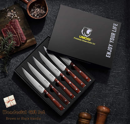 Premium Steak Knives Set of 6 in Gift Box - Polished Wood Handle, HC German Stainless Steel, Straight Edge Non Serrated - 4.8''Dinner Knife, Kitchen Tableware Knives Cutlery Set