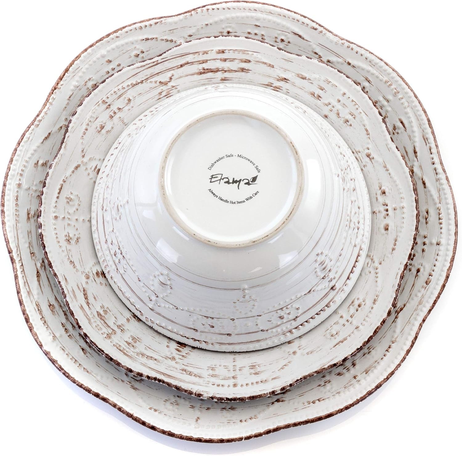 Rustic Birch 16 Piece Embossed Scalloped Stoneware round Dinnerware Set in White with Brown Accents