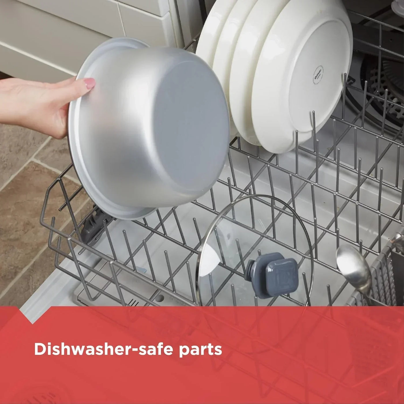 Dishwasher-safe bakeware and dishes in open dishwasher rack for easy cleanup