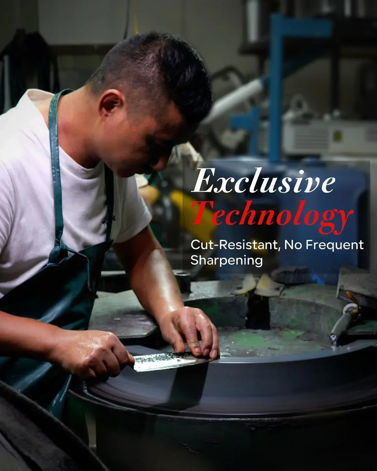Worker sharpening a kitchen knife on a grinder, promoting cut-resistant knife technology.