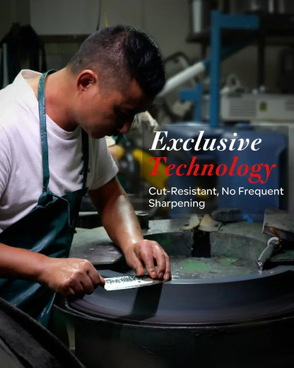 Worker sharpening a kitchen knife on a grinder, promoting cut-resistant knife technology.