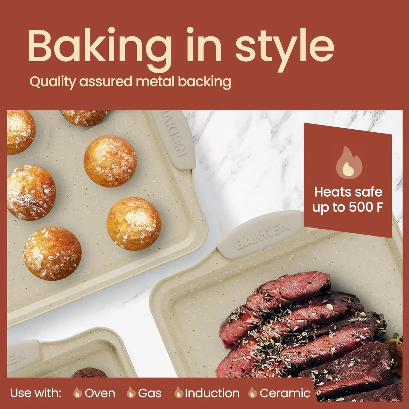 BAKKEN Kitchen Oven Baking Pans - Nonstick Gray Coating, Carbon Steel Bakeware Set with White Silicone Handles, Commercial Restaurant Quality Pans, PFOA, PFOS, PTFE Free, Oven Safe (450° F), Set of 10