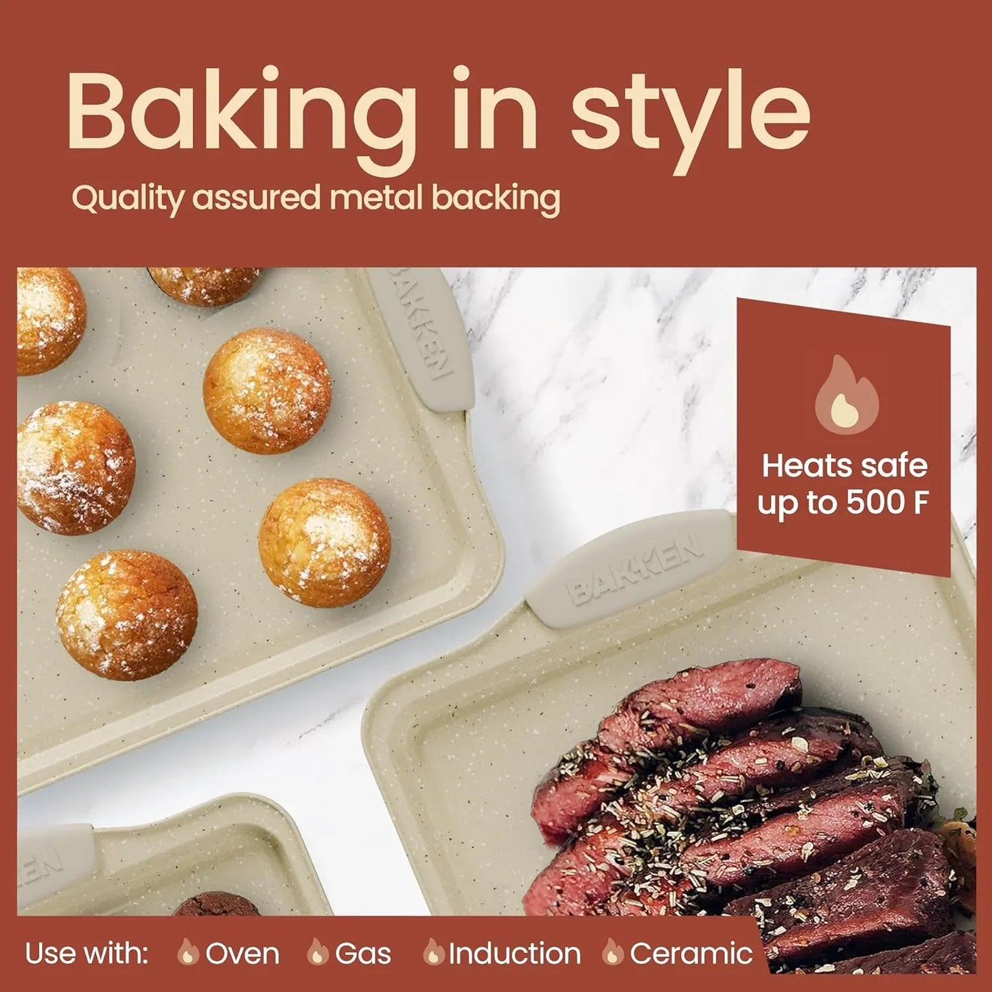 BAKKEN Kitchen Oven Baking Pans - Nonstick Gray Coating, Carbon Steel Bakeware Set with White Silicone Handles, Commercial Restaurant Quality Pans, PFOA, PFOS, PTFE Free, Oven Safe (450° F), Set of 10
