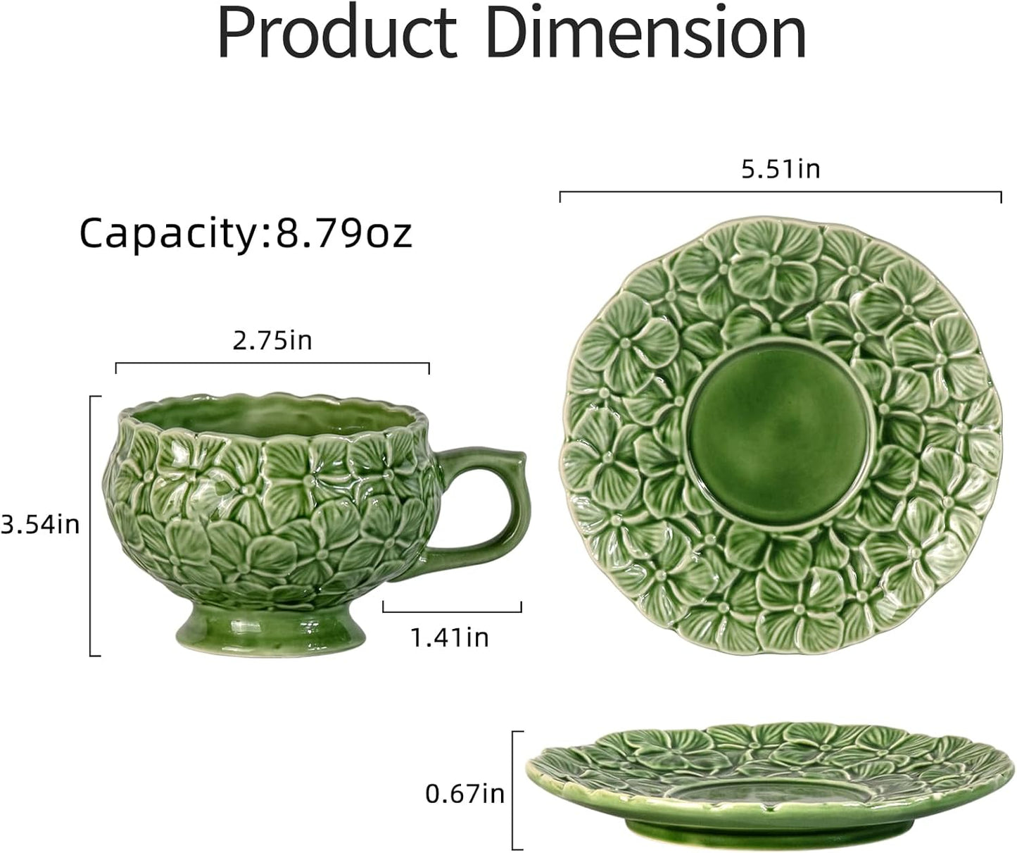 Tea Cups and Saucers Set of 2, Porcelain Coffee Cups, 8.5-Ounce Stackable Espresso Mugs, Ceramic Demitasse for Coffee, Latte, Americano, Tea, Green Flower