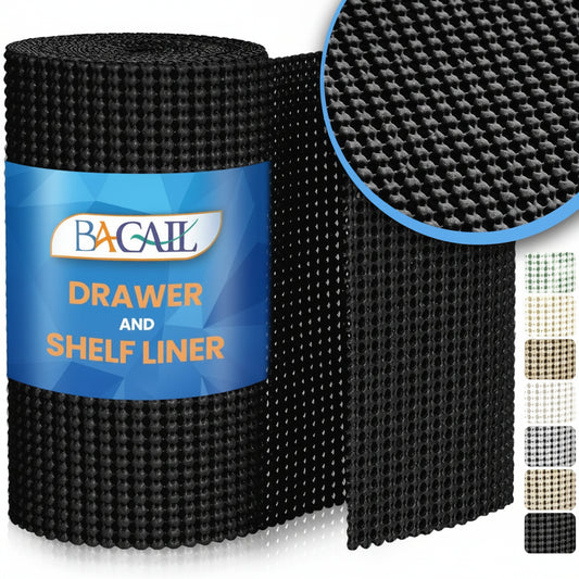 BAGAIL Drawer and Shelf Liner, 12 in X 10 Ft Non-Adhesive Shelf Liners for Kitchen Cabinets, Thick Strong Grip Liners for Desk, Shelves, Bathroom Drawers, Cabinet Protection - Black