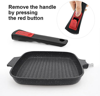 Griddle Pan with Lid, 10 Inch Cast Aluminium Non Stick Grill Pan with Detachable Handle for Induction Hob, Black