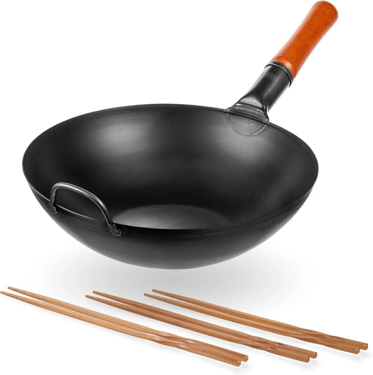 Carbon Steel Wok Pan – 13,5 “ Stir Fry Pans - Chinese Wok with Flat Bottom Pow + Reusable Natural Wooden Long Cooking Chopsticks Set of 3 Pairs: 11.8 Inch, 13-Inch, 14.2 Inch