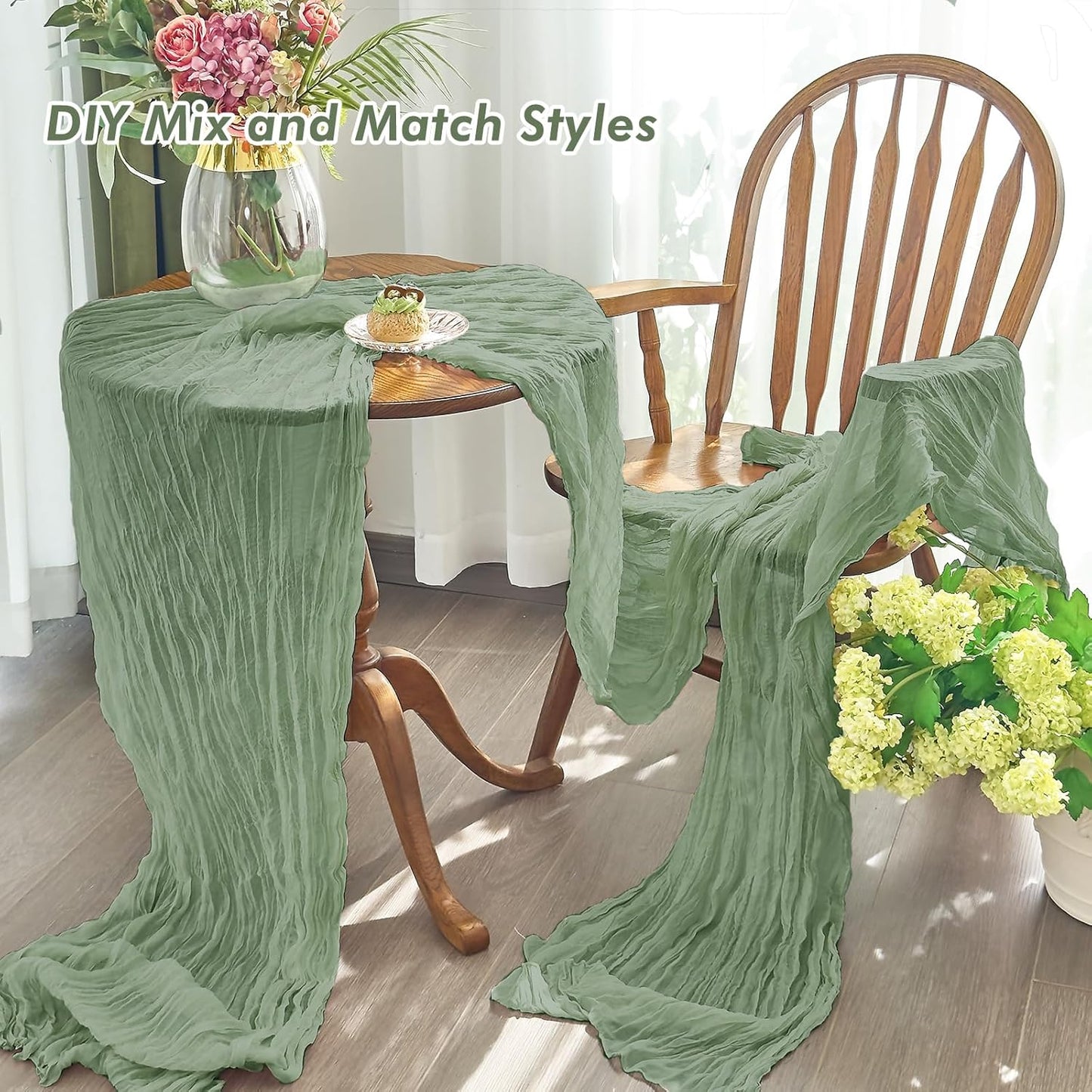 2 Pcs Cheesecloth Table Runner - 10Ft Sage Green Easter Decor Boho Gauze Cheese Cloth Table Runners for Baby Shower Decorations Wedding Party Spring Garden Farmhouse