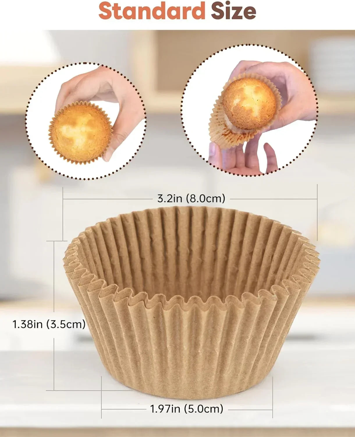 Standard size brown paper cupcake liner with measurements, shown with baked cupcakes for baking and kitchen use