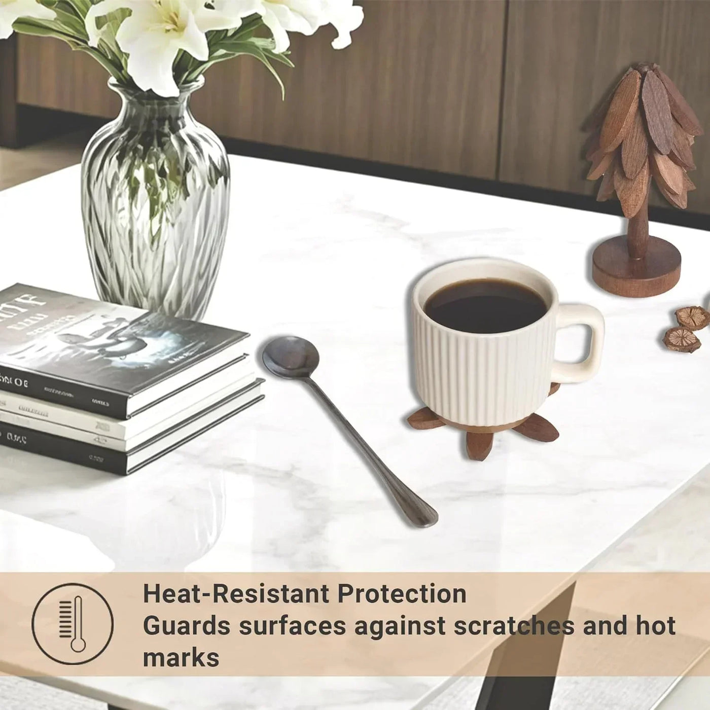 Heat-resistant wooden coaster under coffee mug on marble countertop, protects surfaces from scratches and heat