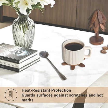 Heat-resistant wooden coaster under coffee mug on marble countertop, protects surfaces from scratches and heat