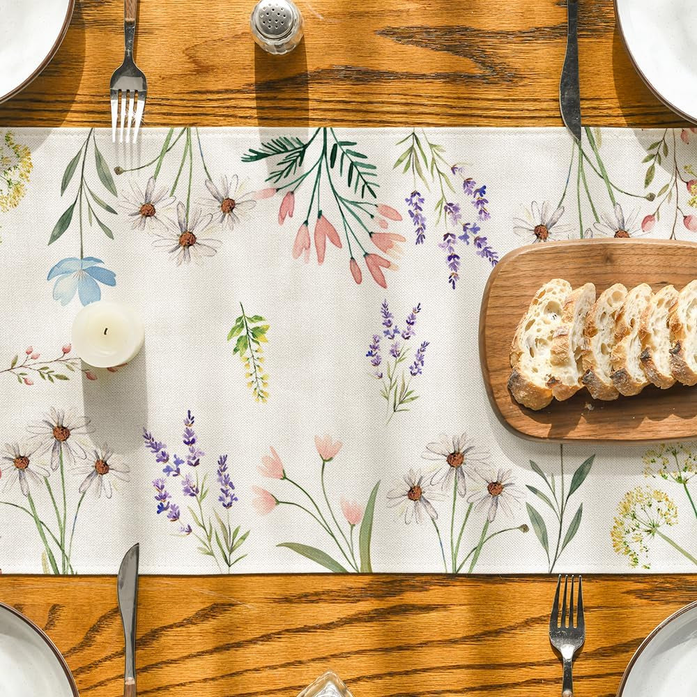 Flowers Floral Summer Table Runner, Seasonal Spring Fall Kitchen Dining Table Decoration for Home Party 13X72 Inch