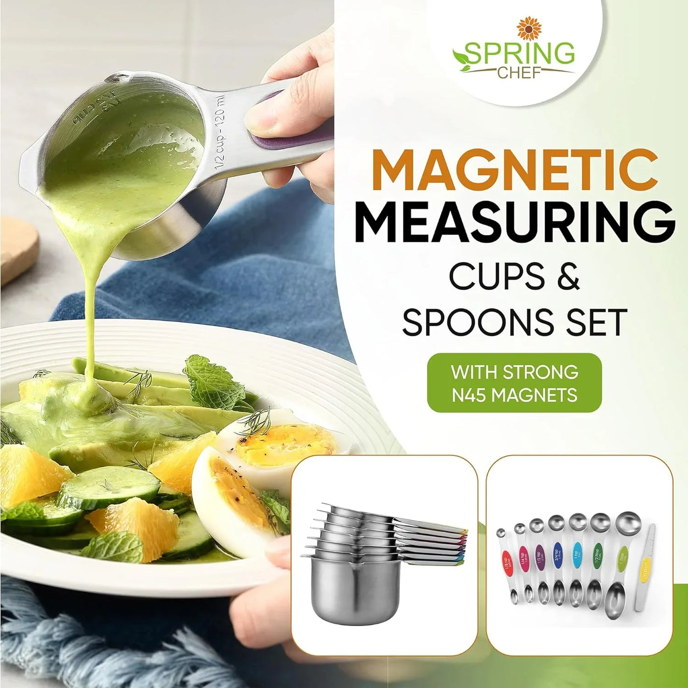 Magnetic Measuring Cups & Spoons Set, Patented, Strong N45 Magnets, Heavy Duty Stainless Steel Fits in Spice Jars for Baking & Cooking, BPA Free, Set of 15 with Leveler, Multicolor