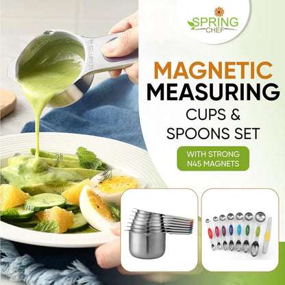 Magnetic Measuring Cups & Spoons Set, Patented, Strong N45 Magnets, Heavy Duty Stainless Steel Fits in Spice Jars for Baking & Cooking, BPA Free, Set of 15 with Leveler, Multicolor
