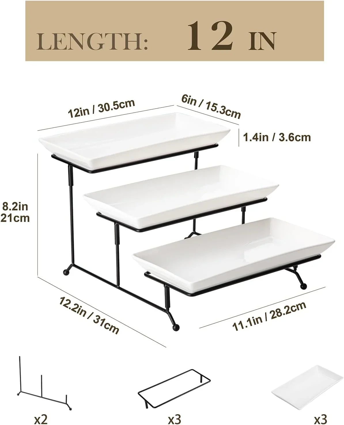 3 Tier Serving Trays for Party, Porcelain Serving Platters and Trays, 12 Inch Tiered Tray Stand, Fruit Tray, Trays for Serving Food, White Dessert Stand with Collapsible Sturdier Metal Rack