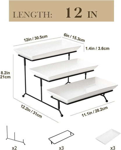 3 Tier Serving Trays for Party, Porcelain Serving Platters and Trays, 12 Inch Tiered Tray Stand, Fruit Tray, Trays for Serving Food, White Dessert Stand with Collapsible Sturdier Metal Rack