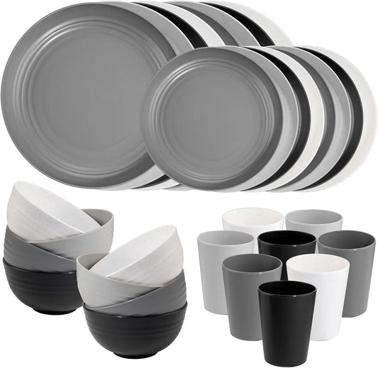 32Pcs Wheat Straw Dinnerware Sets,Plates and Bowls Sets,Reusable Plastic Plate,Microwave Dishwasher Safe,Plastic Dinnerware Set,Four Color Set 16Pcs Plates,8Pcs Bowls,8Pcs Cups