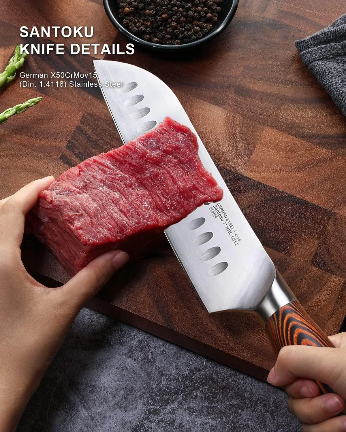 Santoku Knife, 7 Inch Japanese Chef Knife for Vegetable Chopping & Meat Dicing, High Carbon German Steel, Ergonomic Handle - Fiery Phoenix Series