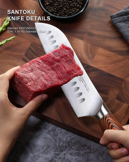 Santoku Knife, 7 Inch Japanese Chef Knife for Vegetable Chopping & Meat Dicing, High Carbon German Steel, Ergonomic Handle - Fiery Phoenix Series