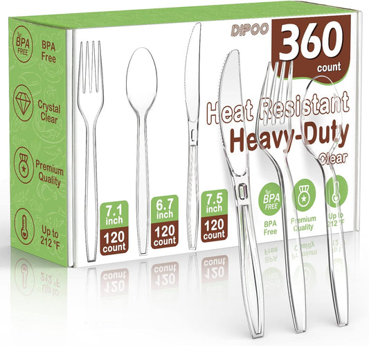 360 Count Plastic Silver Ware Heavy Duty, 120 Forks, 120 Spoons, 120 Knives, Heat Resistant & BPA Free Disposable Silverware, Disposable Cutlery Set, Premium Clear Utencils for Party Supply