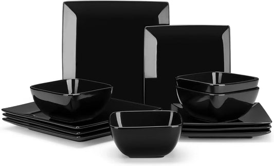 Soho Dinnerware Sets 12 Pieces, Black Stoneware Square Place Setting, Plates and Bowls Sets, Dinner Plate, Dishes Set for 4