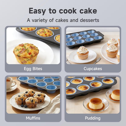 Silicone Muffin Pan for Baking,No-Spill Easy-Transfer Design,Reinforced Steel Frame, Non-Stick & Dishwasher Safe,12-Cup Regular Size Muffin & Cupcake Pan Bakeware for Oven (Blue 2Pcs)