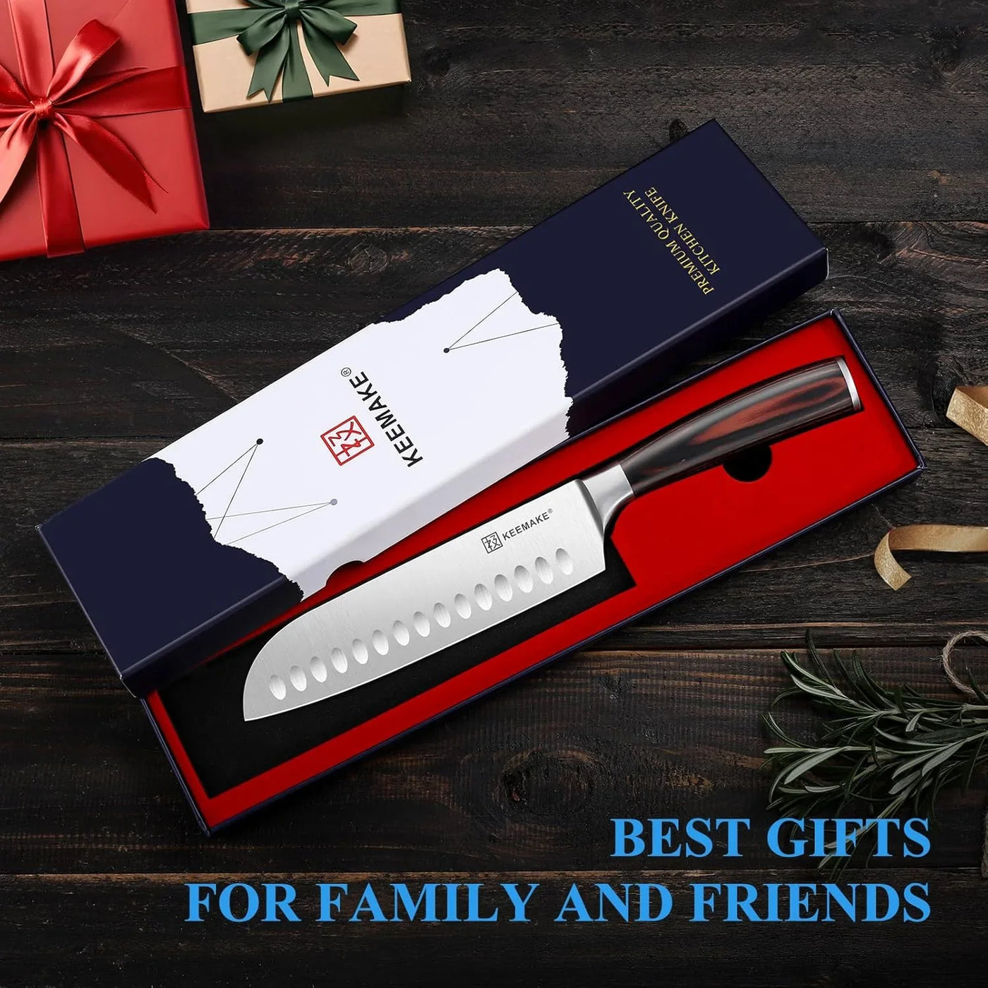 Chef Santoku Knife - 7 Inch Ultra Sharp Kitchen Knife with Stainless Steel Blade for Cooking Meat Fruit Vegetable with Ergonomic Pakkawood Handle and Gift Box Included