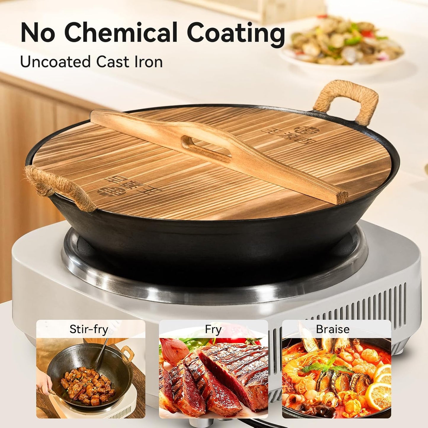 14.2 Inch Cast Iron Wok with Wooden Lid and Iron Spatula, Flat Bottom Double-Handle Chinese Stir Fry Pan, Uncoated Cast Iron Wok for Induction, Gas and Electric Stoves
