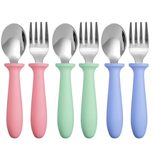 6 Pieces Toddler Utensils Forks and Spoons,Kids Silverware Set with Plastic Handle Stainless Steel Toddler Silverware,Dishwasher Safe