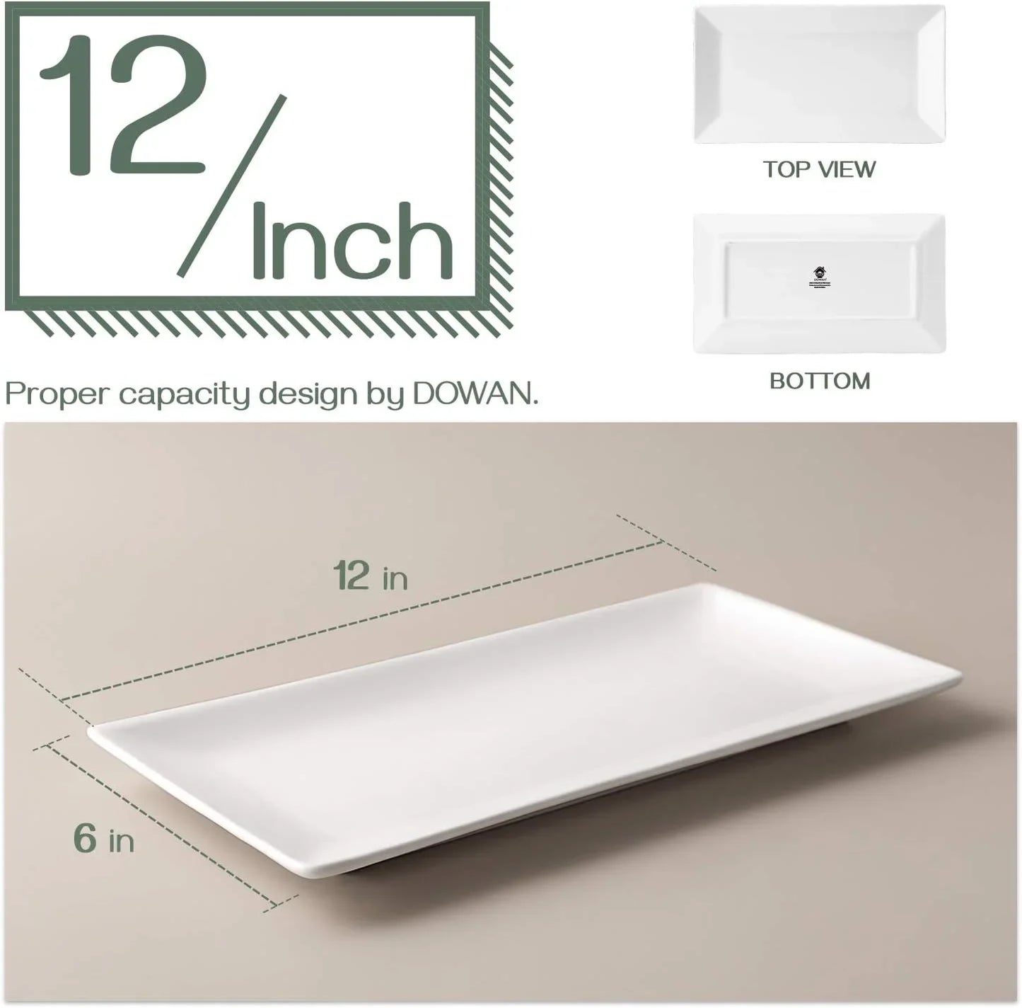 12" Rectangle Plates Set of 4 - White Serving Platters for Party, Wedding, and Entertaining - Rectangular Serving Trays Dishes for Steak, Taco, Sushi, Appetizer, Cake - Dishwasher & Oven Safe