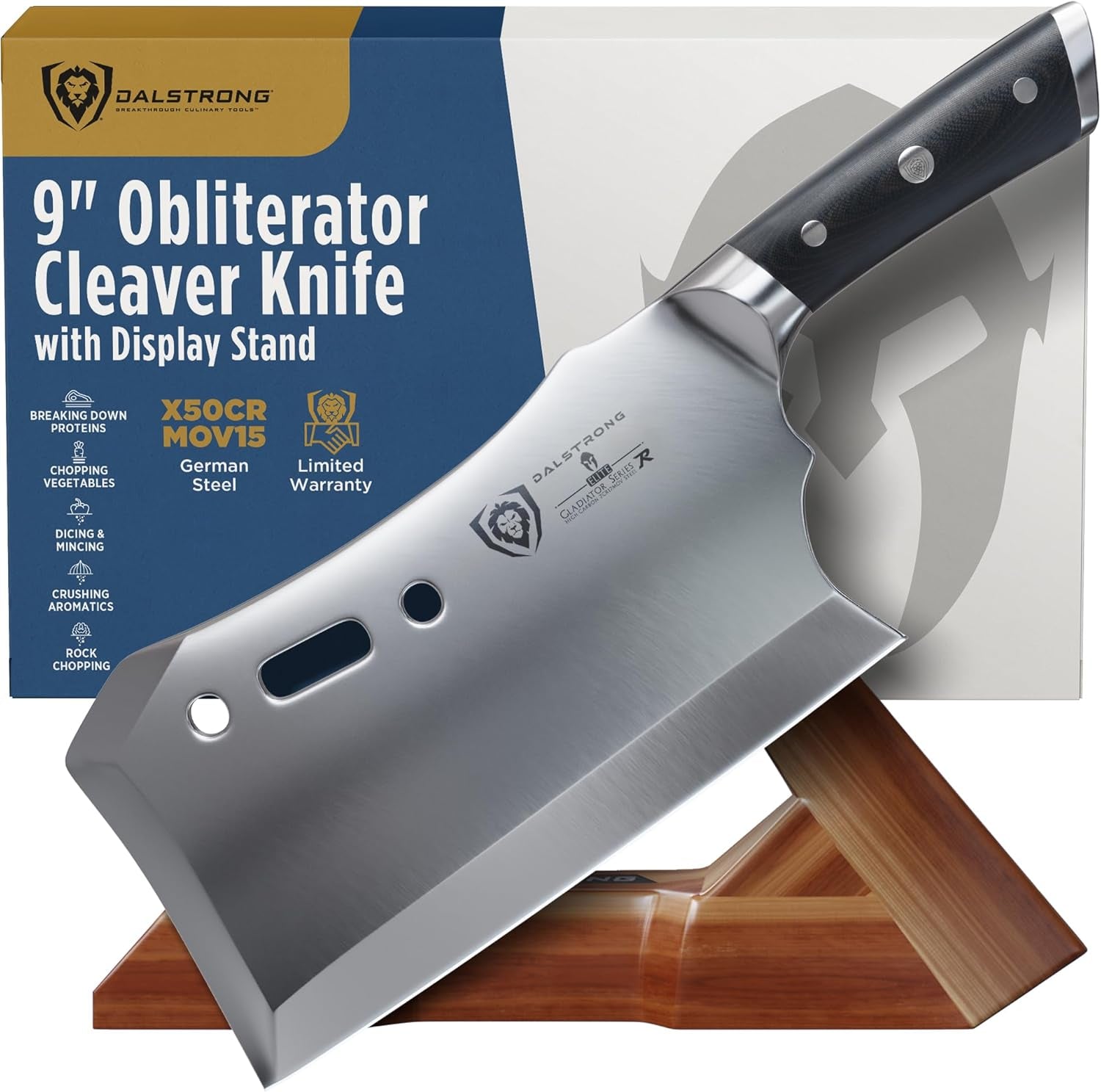 Obliterator Meat Cleaver Knife 9 Inch - Wood Stand & Sheath - 3Lbs 6Mm Thick Butcher Knife - 7CR17MOV Carbon Steel - Gladiator Series R - Heavy Duty Chopping Knife - G10 Handle Chef'S Knife