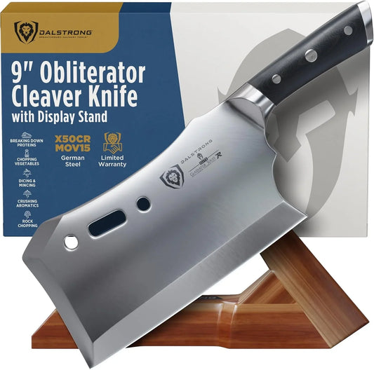 Obliterator Meat Cleaver Knife 9 Inch - Wood Stand & Sheath - 3Lbs 6Mm Thick Butcher Knife - 7CR17MOV Carbon Steel - Gladiator Series R - Heavy Duty Chopping Knife - G10 Handle Chef'S Knife