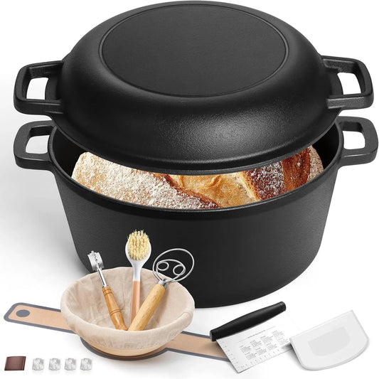 5QT Dutch Oven for Bread Baking, 2-IN-1 Cast Iron Pot with Skillet Lid & Sourdough Starter Kit, Bread Oven Pan with Baking Supplies for Frying, Braising, BBQ, Rust-Free & Heavy Duty